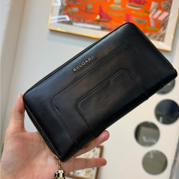 BVLGARI Handbags - Bulgari Black Leather Zip-Around Wallet with Serpent Charm